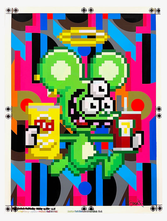 The Digital (D)Evolution uncut edition by DALEK: pixelated green Space Monkey holding a snack bag and a drink, with registration marks in the paper margins