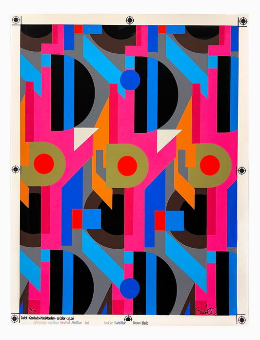 The Vertical Age by DALEK: repeating vertical pattern of pink, blue, black and gold shapes with red circles, uncut signed screenprint with registration marks