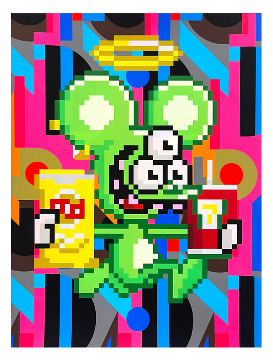 The Digital (D)Evolution by DALEK: pixelated green Space Monkey with a halo holding a snack bag and a drink over pink and blue shapes, cut edition screenprint