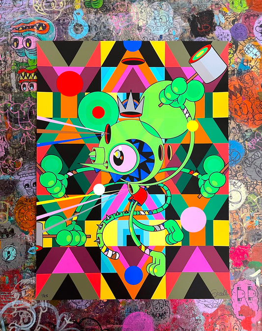 The Balancing Act by DALEK: green crowned Space Monkey with many arms holding hammers over a colorful geometric pattern, signed and numbered screenprint