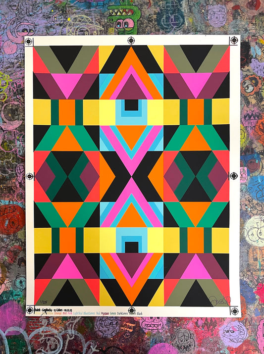 All Things Being Equal by DALEK: symmetrical geometric pattern of triangles and diamonds in pink, orange, teal, yellow and black, uncut signed screenprint