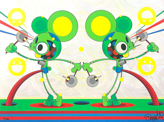 Dancing With Myself by DALEK: two mirrored green Space Monkey characters holding hands on shimmering pearlescent paper, signed and numbered screenprint