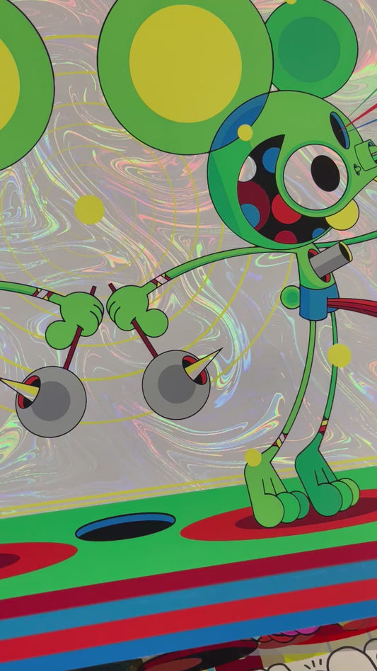 Video of the Dancing With Myself screenprint by DALEK: close-up of the green Space Monkey showing the holographic shimmer of the pearlescent paper