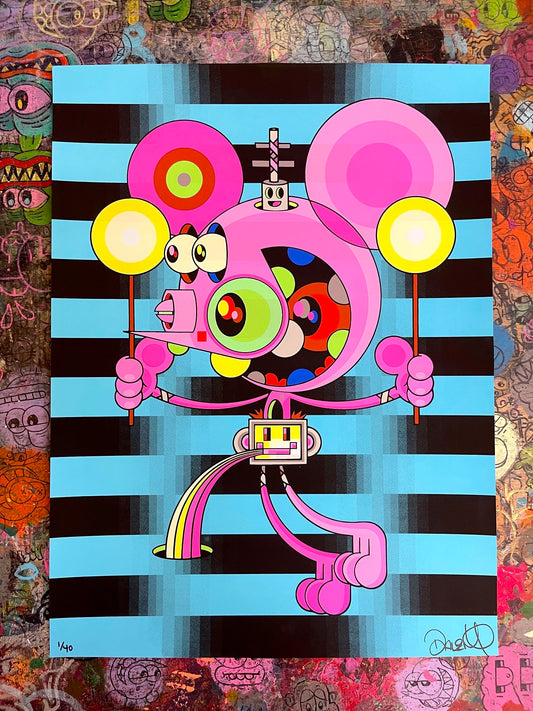 Divine Guidance by DALEK: pink Space Monkey holding two yellow lollipop staffs on a blue and black striped background, signed and numbered screenprint